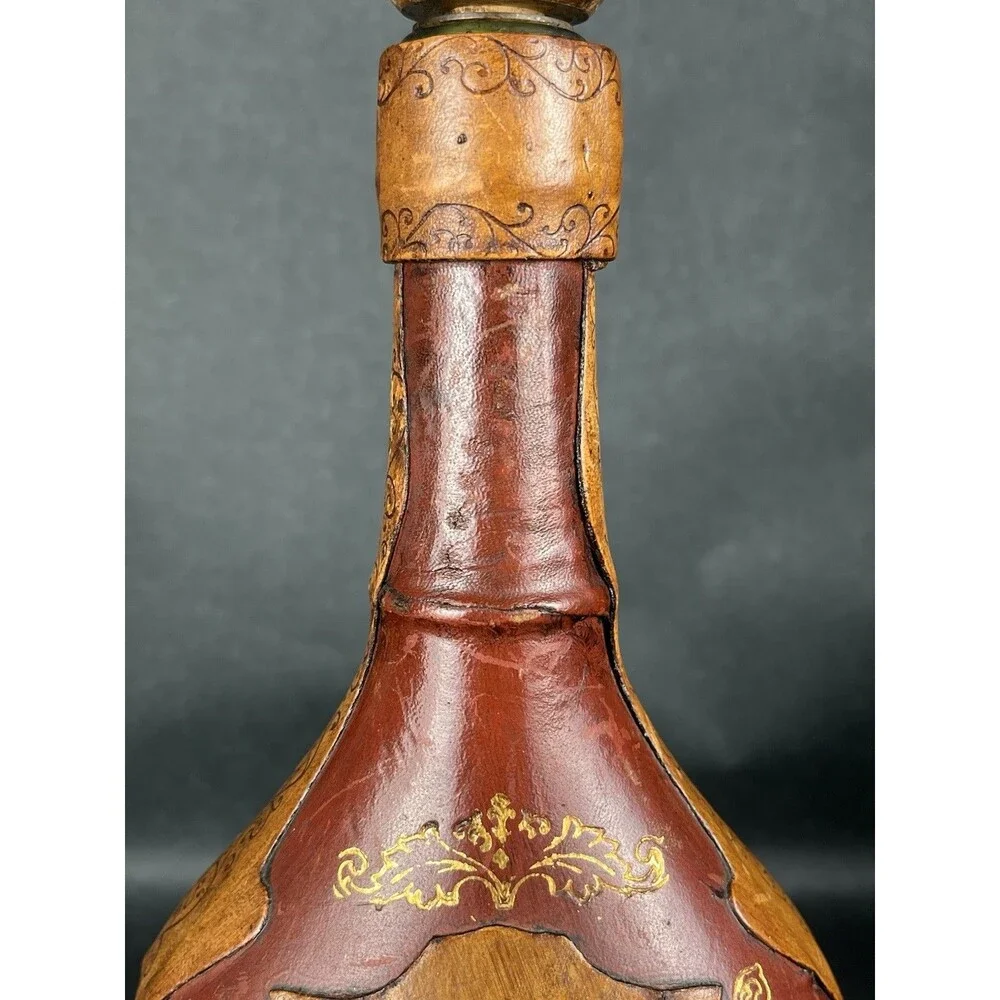 VTG Italian Leather Wrapped Decanter Bottle Fleur-de-lis Shield Crest MCM 13”